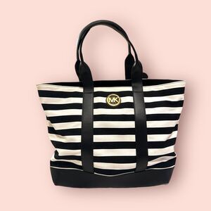 Michael Kors Women's Fulton Black White Striped Canvas Hand Bag‎ / Medium Tote